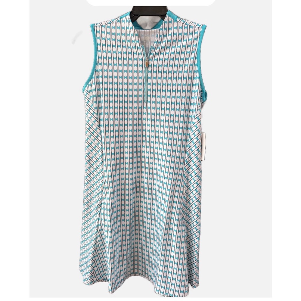 Tail Aqua Blue and White Geo print Golf Tennis Dress with shorts zip pockets